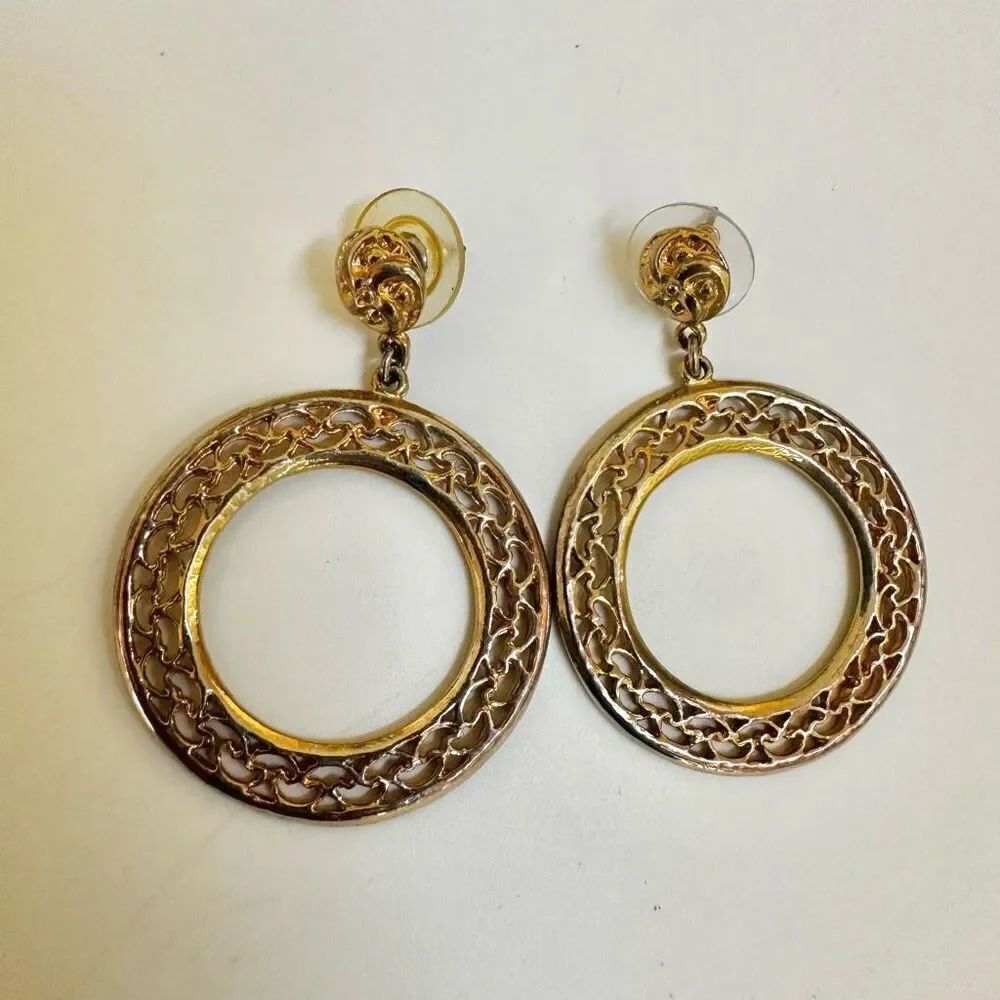 Gold tone round filagree drop post earrings